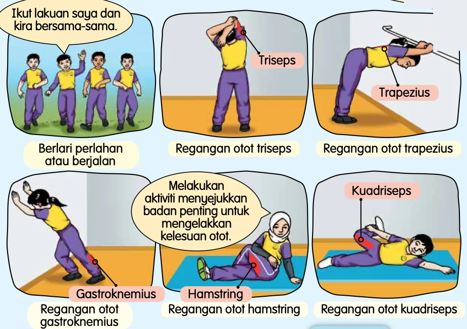 Berlari perlahan dan regangan otot triseps, trapezius, gastroknemius, hamstring dan kuadriseps