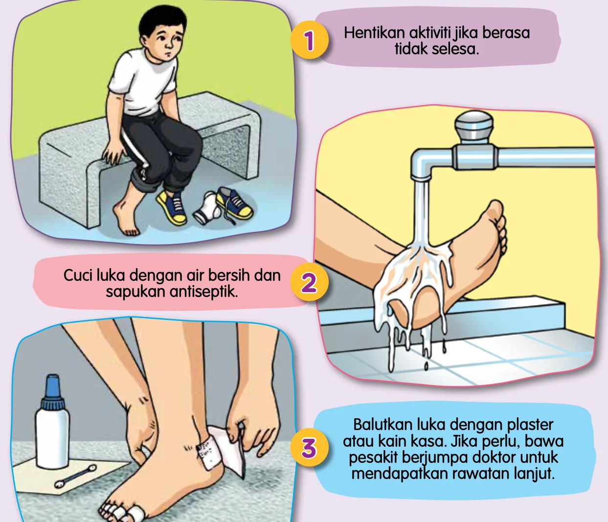 Tiga langkah bantuan awal melecet: berhenti, cuci dengan air dan antiseptik, balut dengan plaster