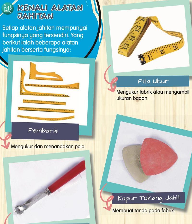 Pembaris, pita ukur, roda surih dan kapur tukang jahit