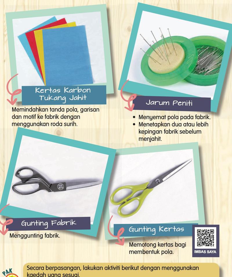 Kertas karbon tukang jahit, jarum peniti, gunting fabrik dan gunting kertas