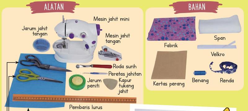 Alatan: mesin jahit, gunting, roda surih, peretas jahitan, jarum peniti, kapur, pembaris. Bahan: fabrik, span, velkro, kertas perang, benang, renda