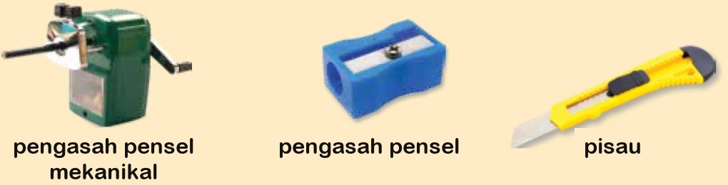 Tiga alat: pengasah pensel mekanikal yang mempunyai pemutar, pengasah pensel kecil berwarna biru dan sebilah pisau berwarna kuning.