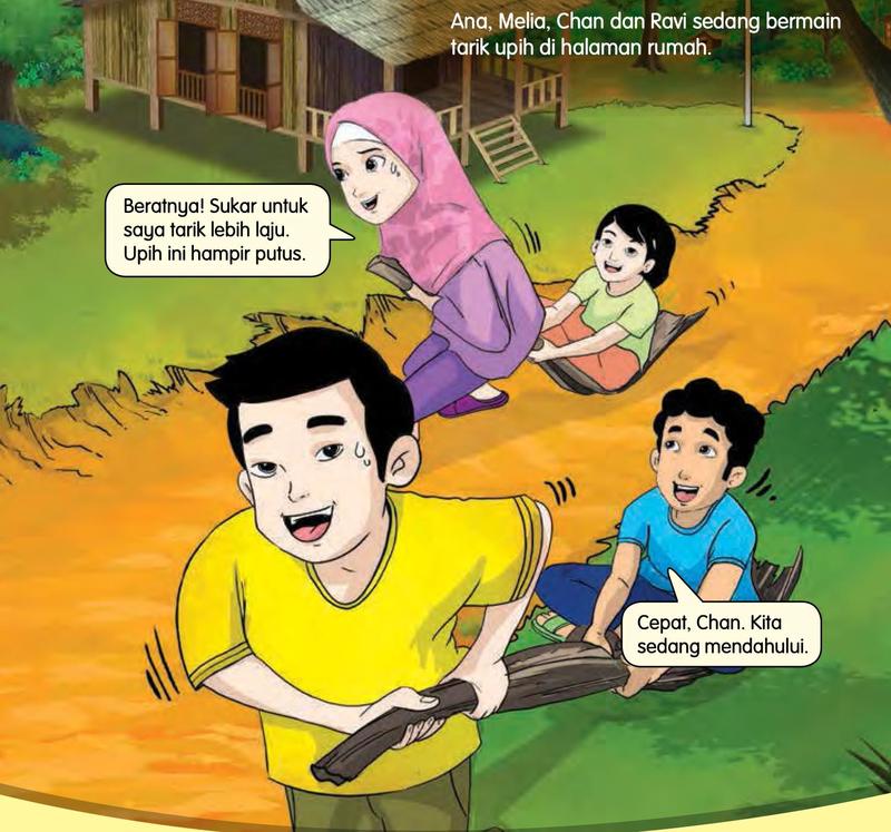 Empat murid bermain tarik upih di halaman rumah; seorang murid menarik kawannya yang duduk di atas upih