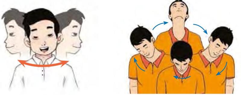 Seorang budak lelaki memusingkan kepalanya ke kiri dan ke kanan serta mendongak dan menunduk