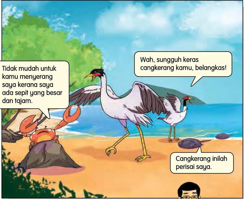 Seekor ketam dengan sepit besar di atas batu, seekor belangkas di pantai dan dua ekor burung besar berdekatan
