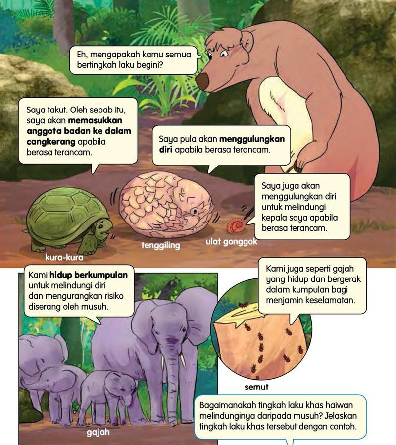 Kura-kura, tenggiling dan ulat gonggok berlindung; semut dan gajah hidup berkumpulan