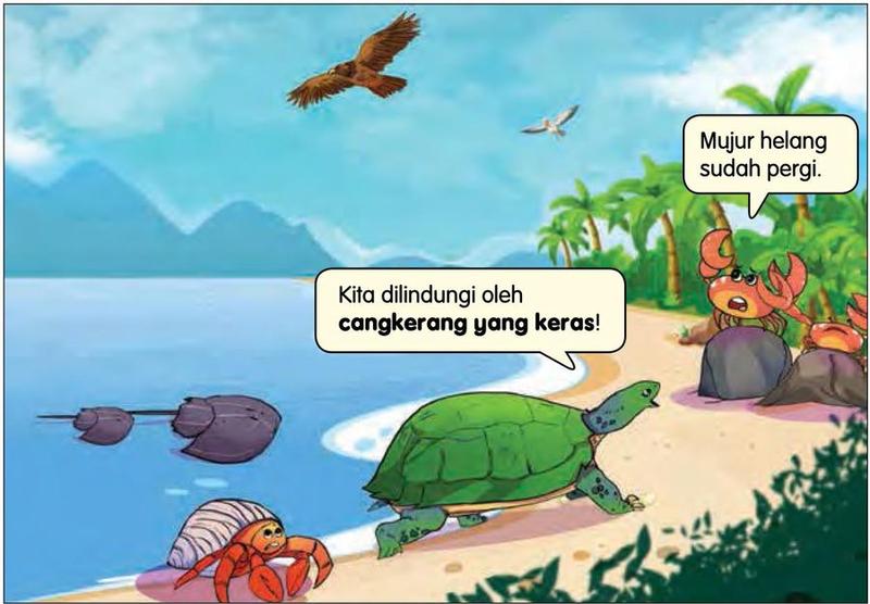 Seekor kura-kura, seekor ketam kenit dan belangkas bercangkerang keras di pantai ketika seekor helang terbang pergi