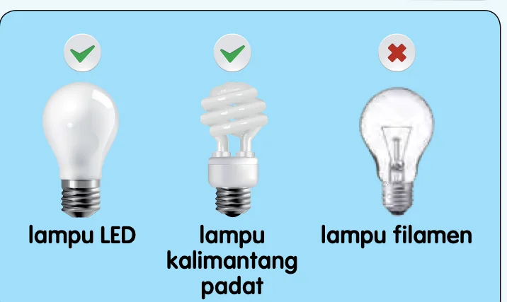 Lampu LED dan lampu kalimantang padat bertanda betul, lampu filamen bertanda salah