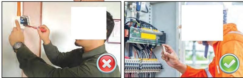 Seorang lelaki membaiki wayar dinding dengan pemutar skru bertanda salah, dan seorang juruelektrik bertopi keledar bertanda betul