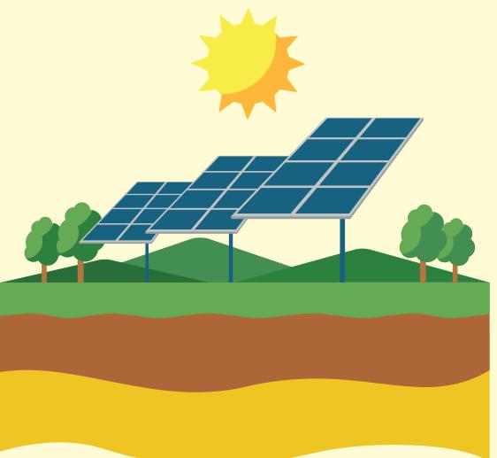 Panel sel suria di atas tanah di bawah matahari
