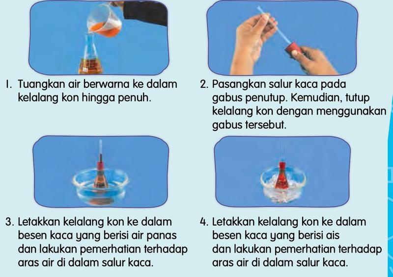 Aktiviti 2: menuang air berwarna ke dalam kelalang kon, memasang salur kaca dan meletakkan kelalang di dalam air panas dan ais