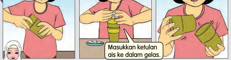 Tiga gambar: dua gelas kaca bertindan, ketulan ais dimasukkan ke dalam gelas dan gelas berjaya dipisahkan