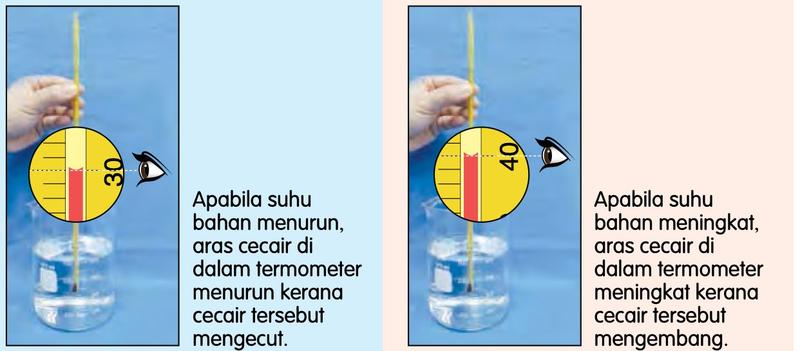 Dua termometer dalam bikar: aras cecair pada 30 apabila suhu menurun dan pada 40 apabila suhu meningkat
