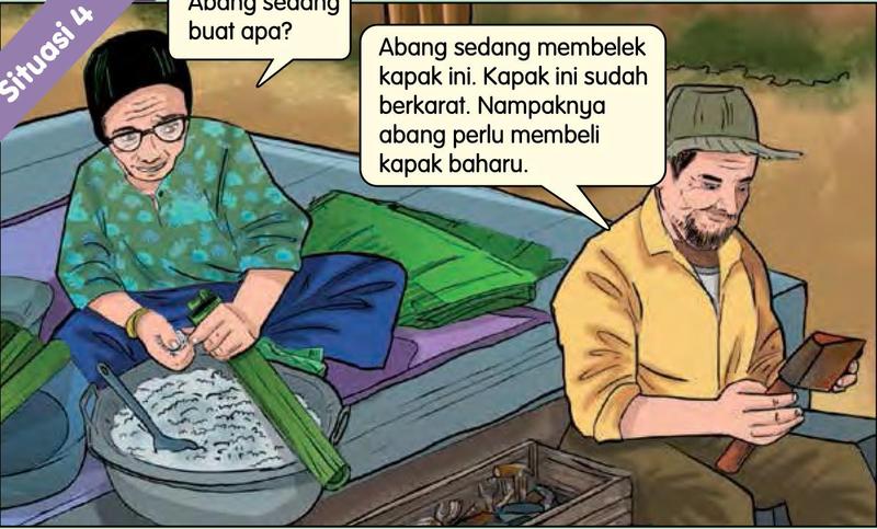 Seorang lelaki membelek sebilah kapak dan seorang wanita menyediakan makanan