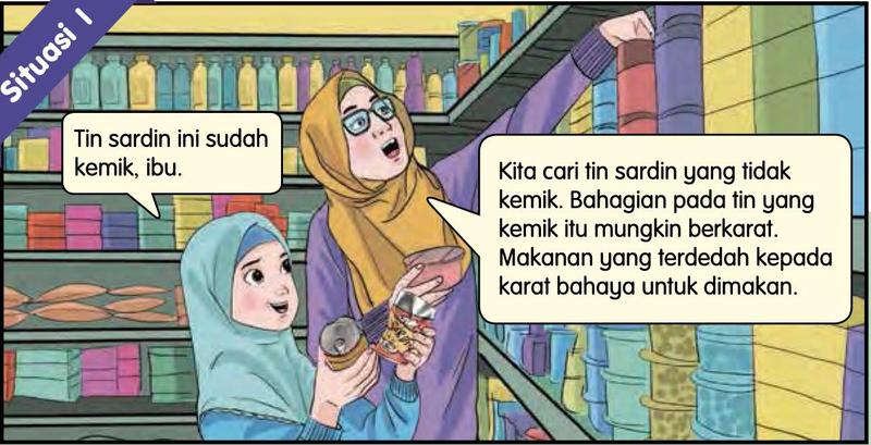 Seorang murid dan ibunya di kedai memegang tin sardin yang kemik