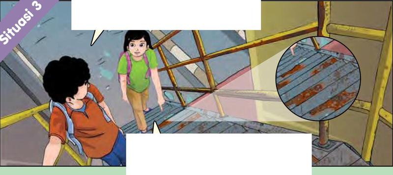 Dua orang murid di tangga besi yang berkarat