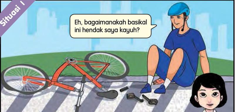 Seorang penunggang basikal duduk di tepi jalan dengan basikal yang pedalnya telah tercabut