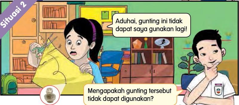 Seorang murid perempuan memegang sehelai kertas dan sebilah gunting yang tidak dapat digunakan lagi, dengan satu bahagian kecil yang kelihatan seperti skru dalam bulatan