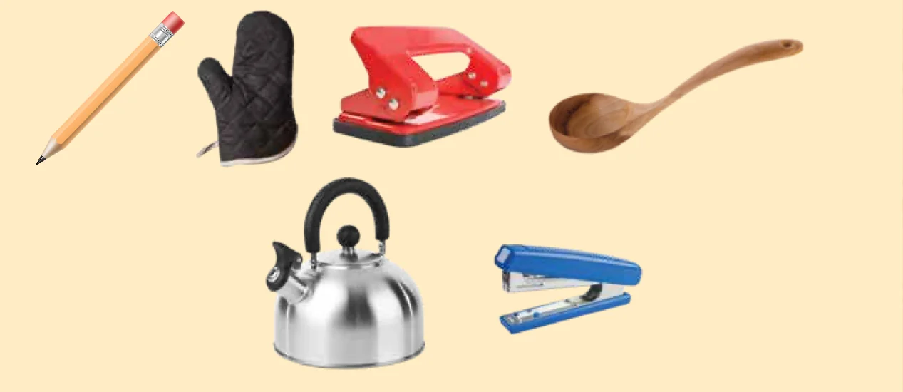 A pencil, an oven mitt, a hole puncher, a wooden ladle, a kettle and a stapler