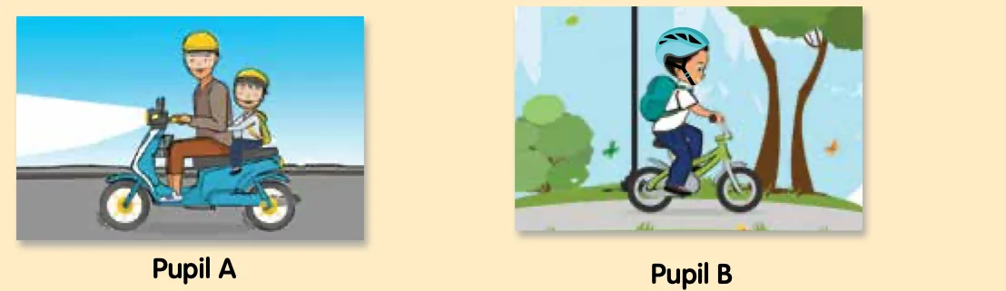 Pupil A rides a motorcycle with a passenger; Pupil B cycles