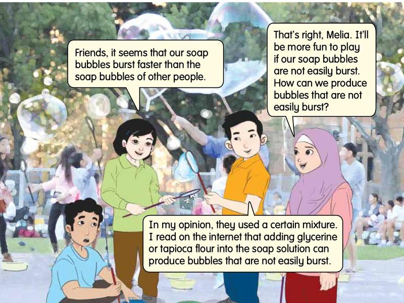 Four children making giant soap bubbles in a park, with buckets of soap solution