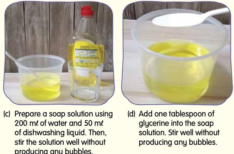 Soap solution being prepared in a plastic container; one tablespoon of glycerine being added