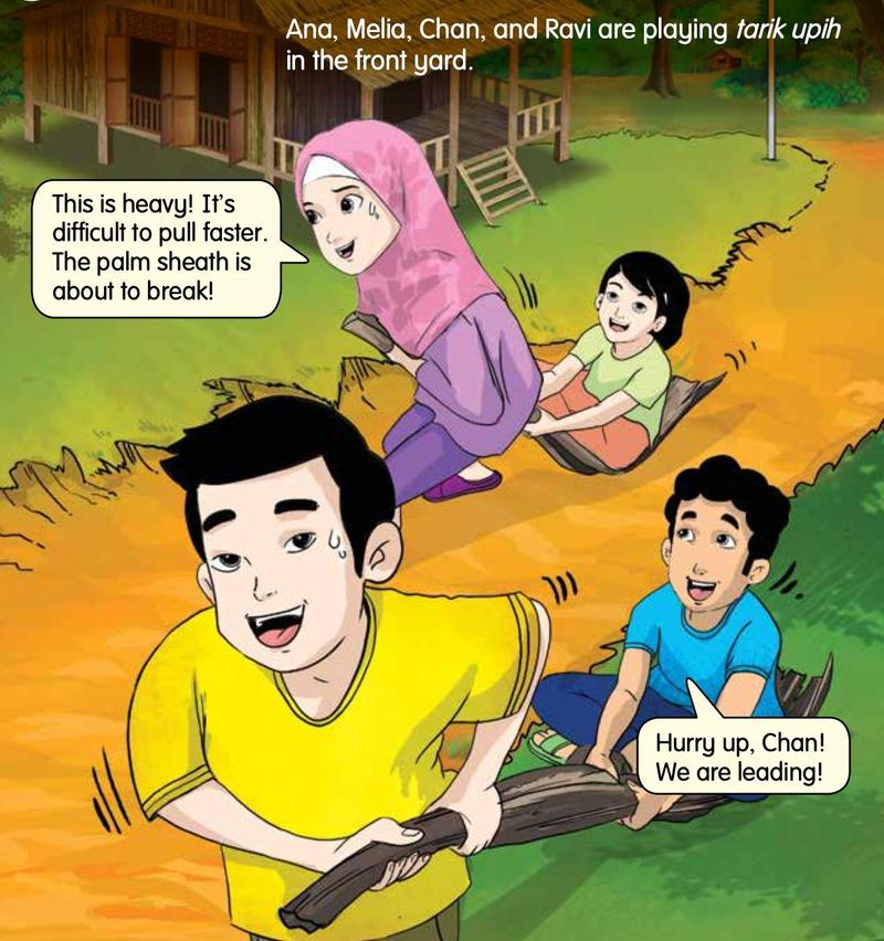 Four children playing tarik upih in a yard; one pulls a friend sitting on a palm sheath