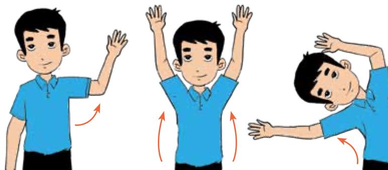 A boy moving his arms up and bending sideways