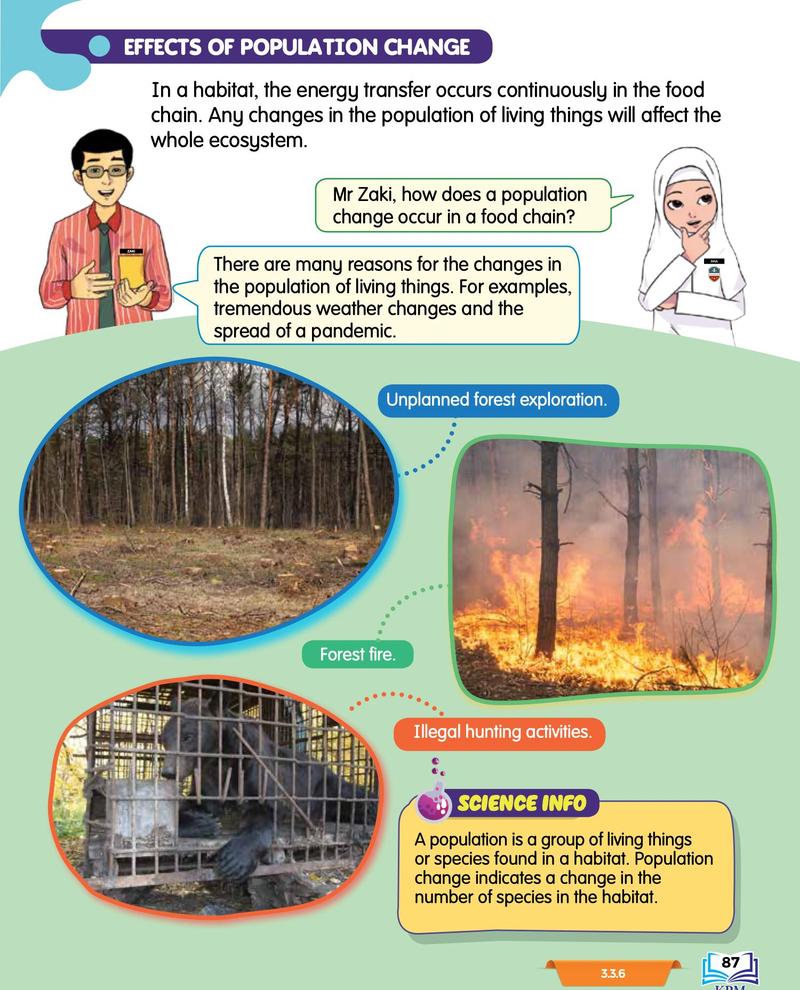 Causes of a population change: forest clearing, forest fire and illegal hunting