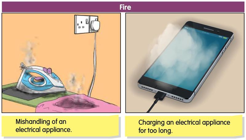 An iron left on a cloth with smoke rising, and a phone left charging with smoke around it