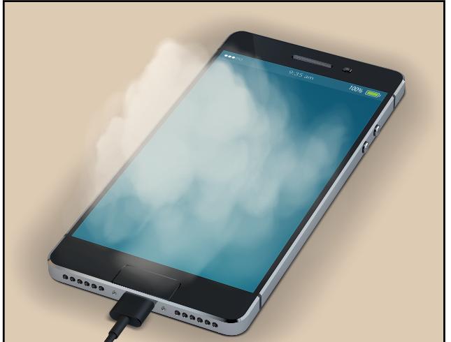A smartphone connected to a charging cable with smoke around it