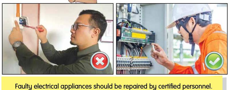 A man repairing a wire with a screwdriver marked with a cross, and an electrician in a helmet marked with a tick