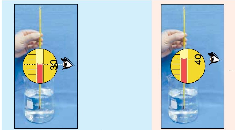 Two thermometers in beakers: the liquid level at 30 degrees when the temperature decreases and at 40 degrees when it increases