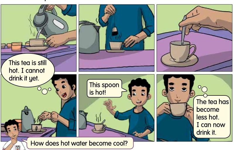 Comic: a boy pours hot tea, stirs it with a metal spoon, finds the spoon hot, and drinks the tea when it is less hot