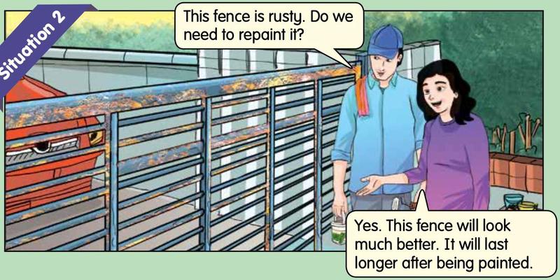 A rusty iron fence and two people talking about repainting it