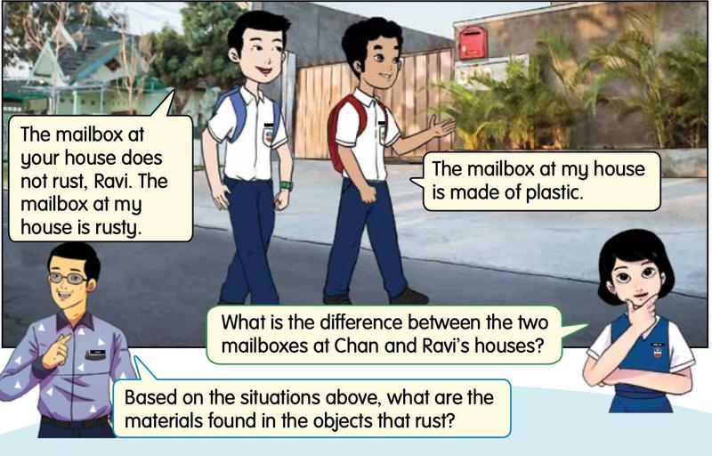 Two pupils with a rusty mailbox and a plastic mailbox