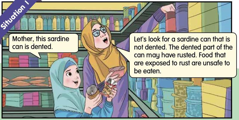 A girl and her mother in a shop looking at a dented sardine can
