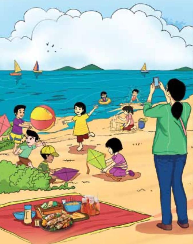 A beach scene with children building a sandcastle, playing in the sea and flying kites