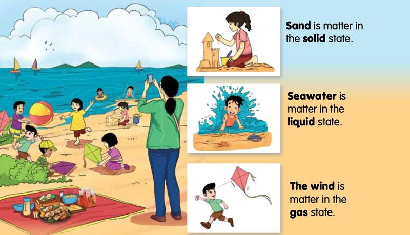A beach scene with a girl building a sandcastle, a boy splashed by seawater and a boy flying a kite