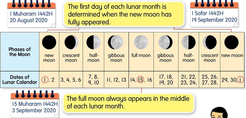 A table matching the phases of the Moon with the dates of the lunar calendar from new moon on the 1st to new moon again on the 29th and 30th