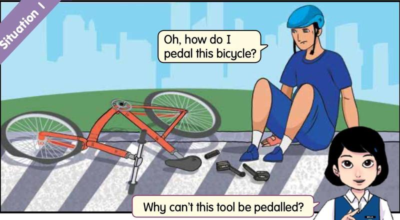 A cyclist sitting by a bicycle whose pedals have come off
