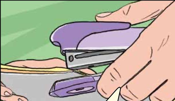 A purple stapler being pressed to join paper sheets