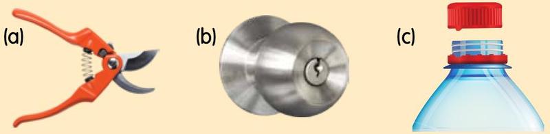 Secateurs (a), a doorknob (b) and a bottle with a screw cap (c)