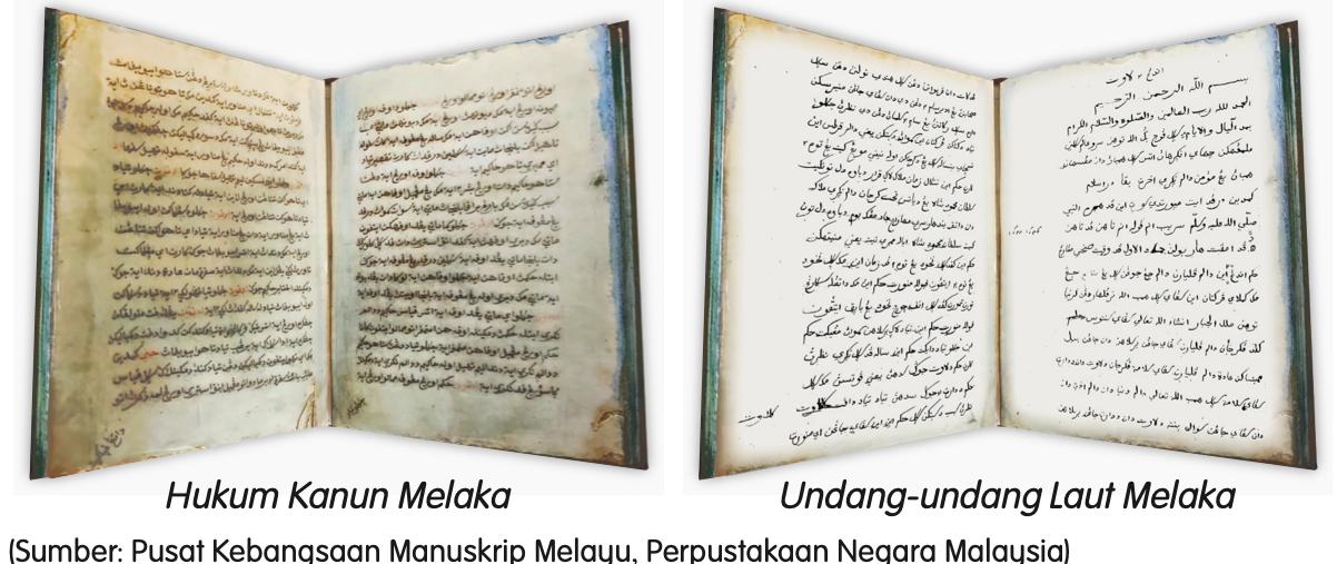 Dua naskhah lama yang terbuka: Hukum Kanun Melaka di sebelah kiri dan Undang-undang Laut Melaka di sebelah kanan