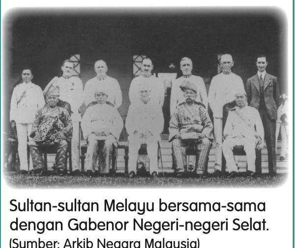 Gambar hitam putih sultan-sultan Melayu duduk bersama pegawai British yang berdiri di belakang mereka