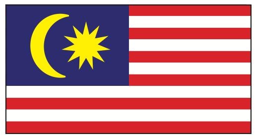 Bendera dengan jalur merah dan putih, petak biru tua, bulan sabit dan bintang pecah berwarna kuning