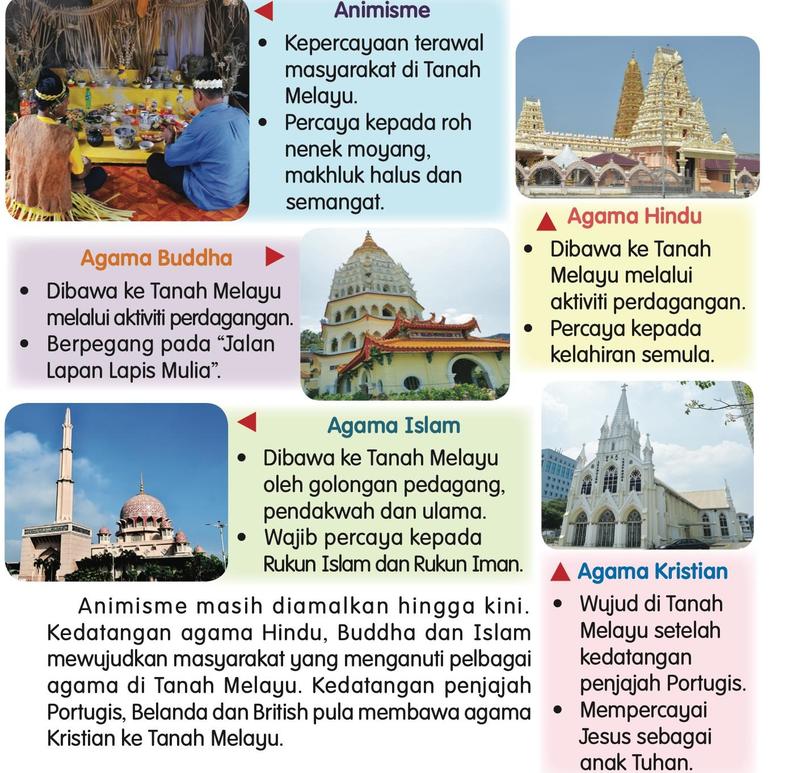 Lima agama dan kepercayaan di Tanah Melayu dengan gambar upacara animisme, kuil Hindu, tokong Buddha, masjid dan gereja