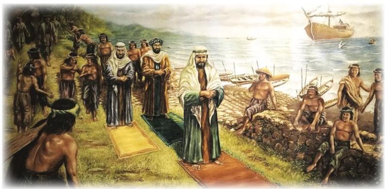 Lukisan pedagang dan ulama sedang solat di tepi pantai ketika tiba di Melaka