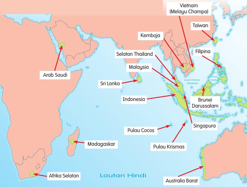 Peta dunia sebelah Lautan Hindi dengan anak panah ke Arab Saudi, Sri Lanka, Madagaskar, Afrika Selatan, Malaysia, Indonesia, Brunei, Singapura, Kemboja, Vietnam, Taiwan, Filipina, Pulau Cocos, Pulau Krismas dan Australia Barat