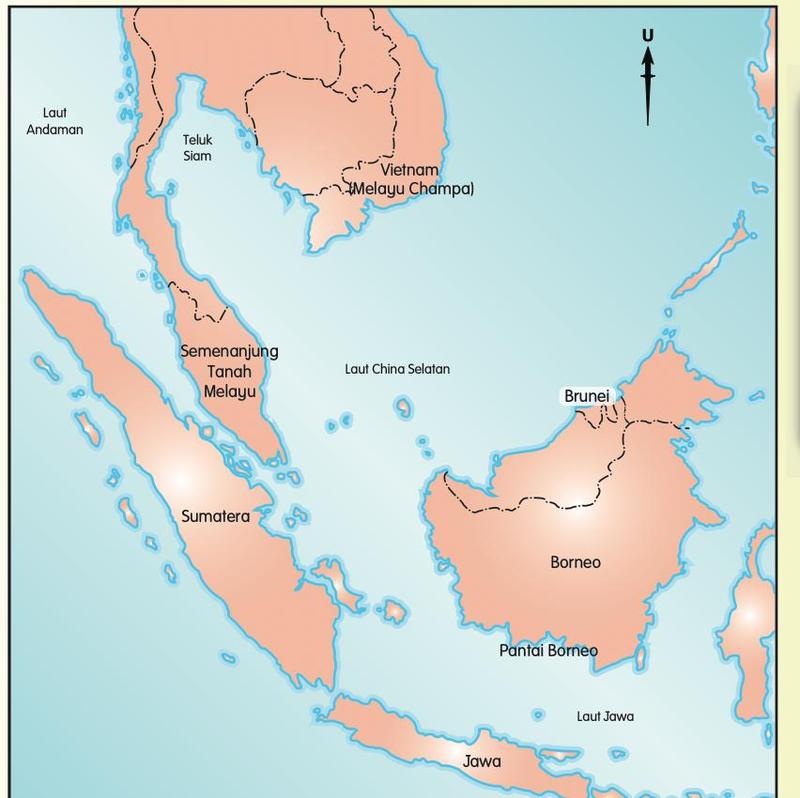 Peta Asia Tenggara menunjukkan Vietnam, Semenanjung Tanah Melayu, Sumatera, Borneo, Brunei dan Jawa